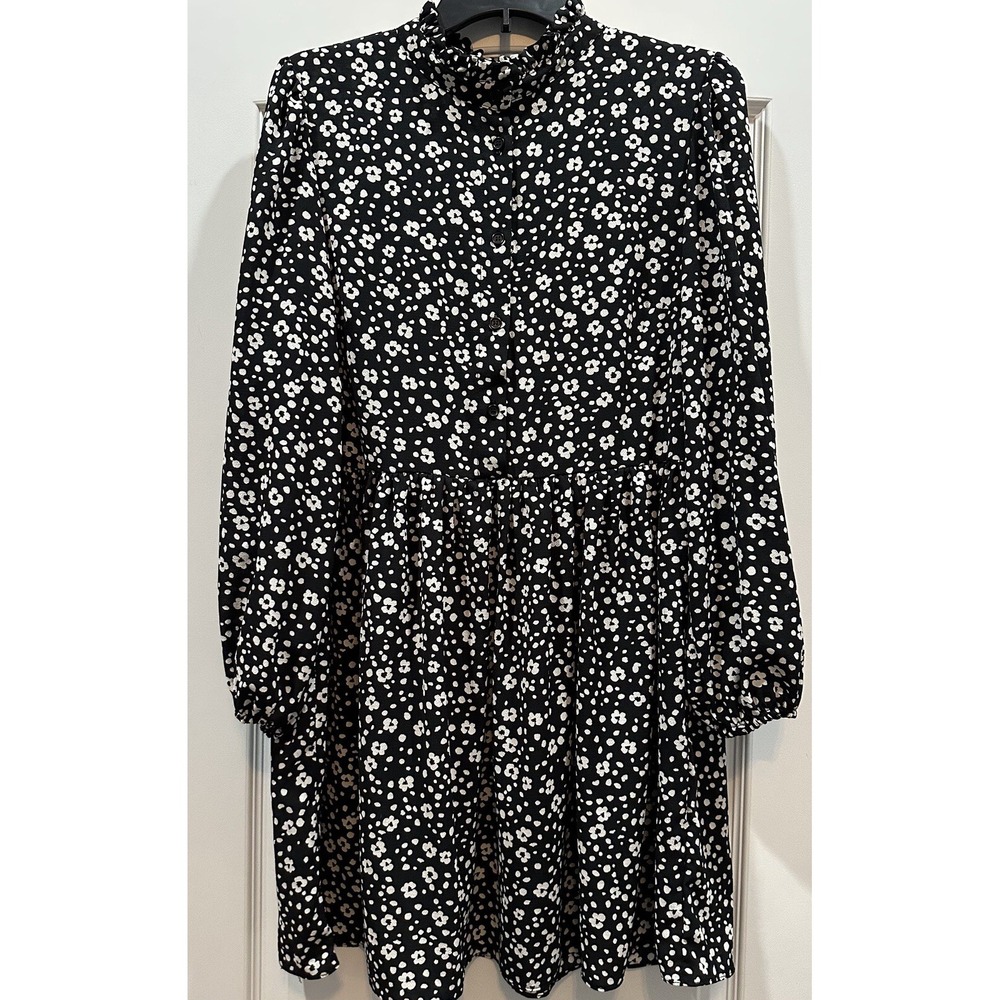 ASOS Black White Floral Long Sleeve Dress Ruffle Neck Size 10